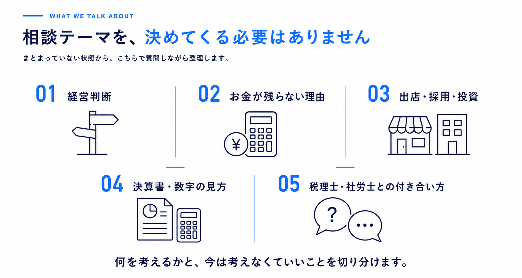 お金、採用、労務、税務、出店など相談できるテーマ
